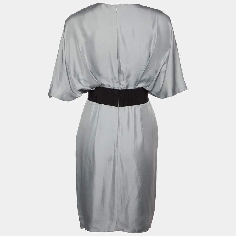 Pre Owned Fendi Grey Silk Embellished Waist Detail Draped Kimono Sleeve Dress S
