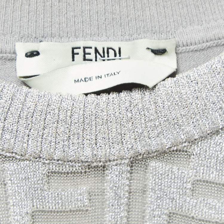 Pre Owned Fendi Grey Monogram Lurex Knit Long Sleeve Maxi Dress L