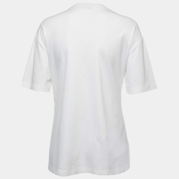 Pre Owned Fendi White Cotton Beads Embellished Bow Detail Crew Neck Slit T-Shirt M