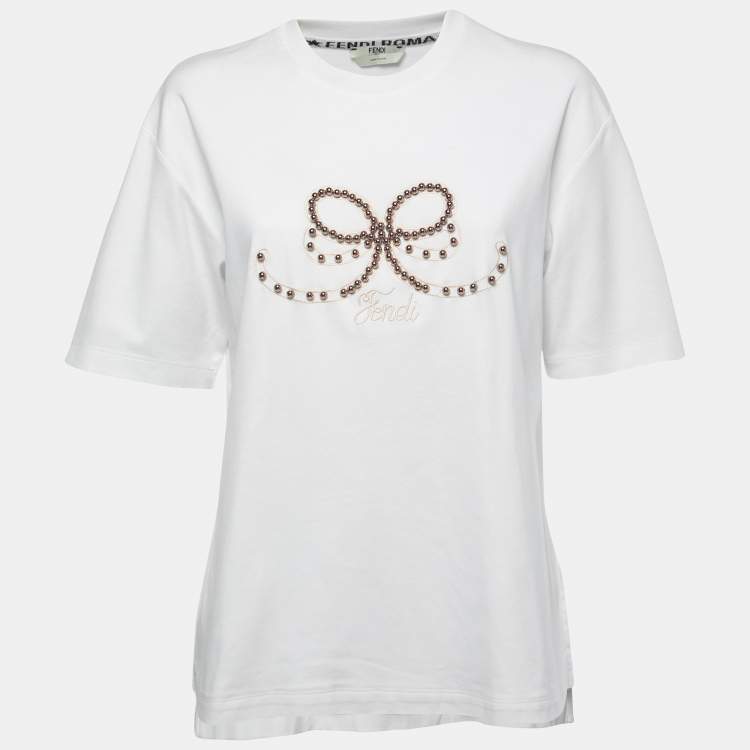 Pre Owned Fendi White Cotton Beads Embellished Bow Detail Crew Neck Slit T-Shirt M