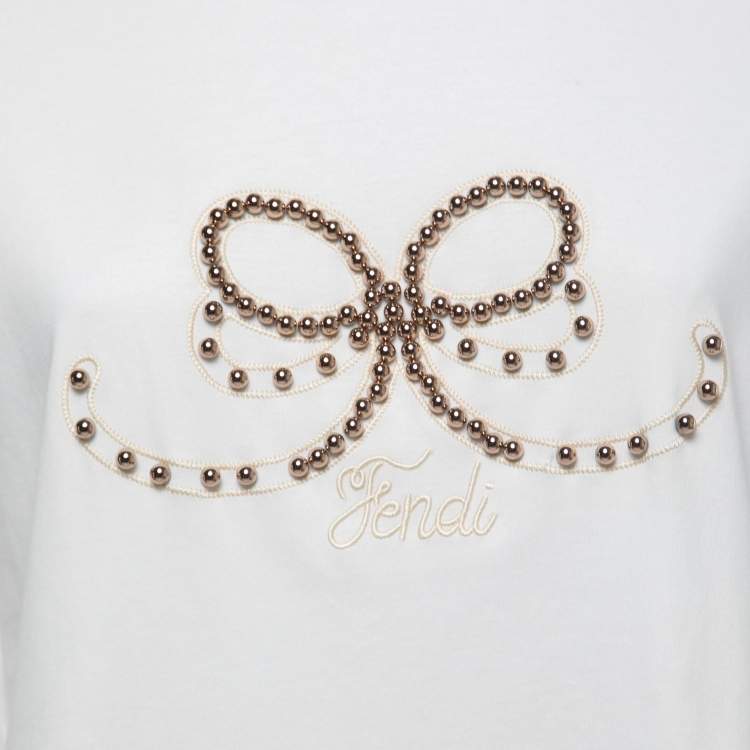 Pre Owned Fendi White Cotton Beads Embellished Bow Detail Crew Neck Slit T-Shirt M