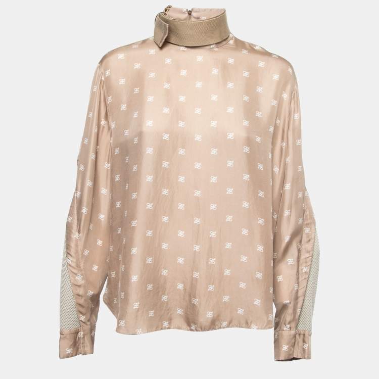 Pre Owned Fendi Beige Calligraphy Print Belted Collar Detail Blouse M