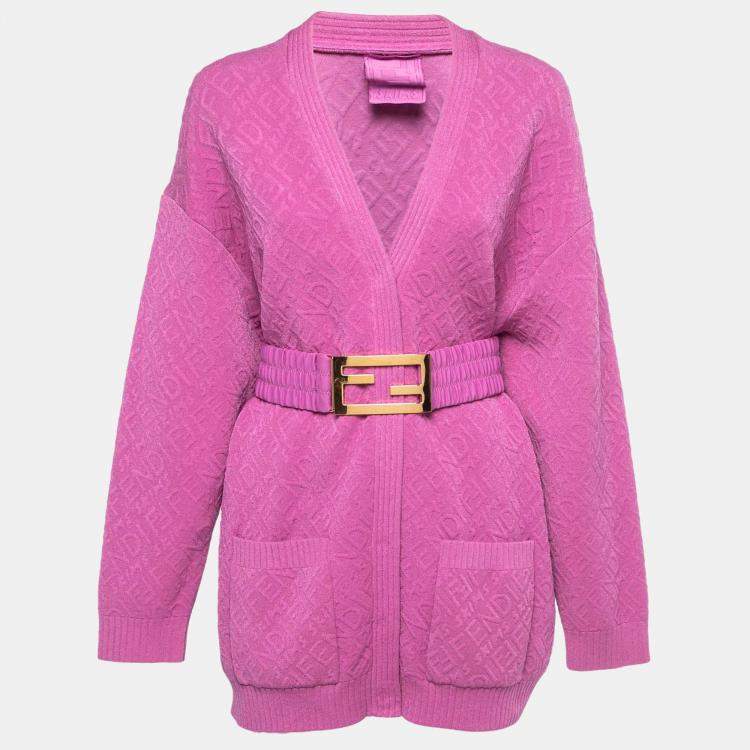 Fendi X Skims Pink Logo Embossed Knit Button Front Belted Cardigan M ...