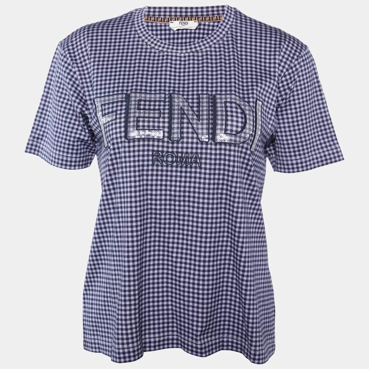 Pre Owned Fendi Black Gingham Cotton Knit Logo Sequin Detail T-Shirt M