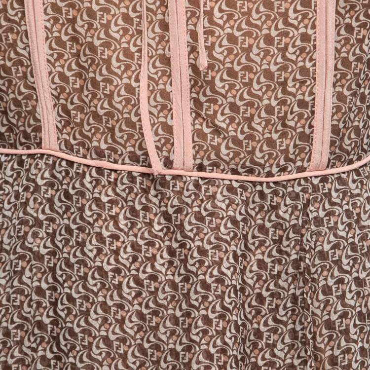 Pre Owned Fendi Brown/Pink Printed Silk Chiffon Long Sleeve Maxi Dress S