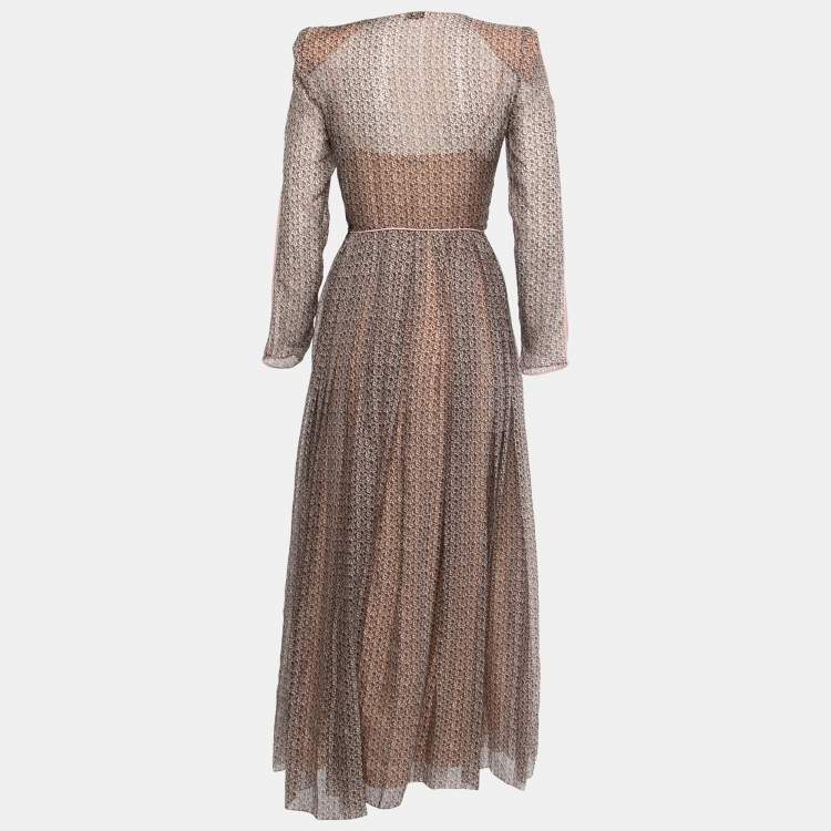Pre Owned Fendi Brown/Pink Printed Silk Chiffon Long Sleeve Maxi Dress S