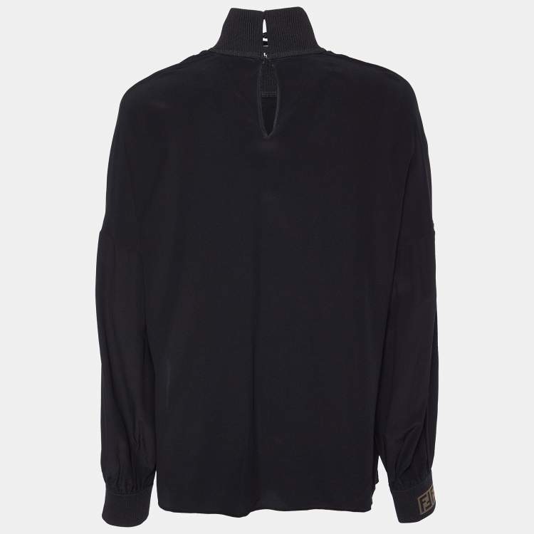 Pre Owned Fendi Black Silk & Logo Knit Detail Top M