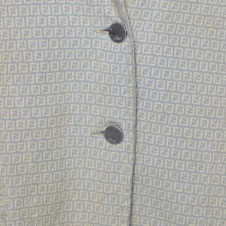 Pre Owned Fendi Beige Distressed Logo Monogram Denim Jacket L