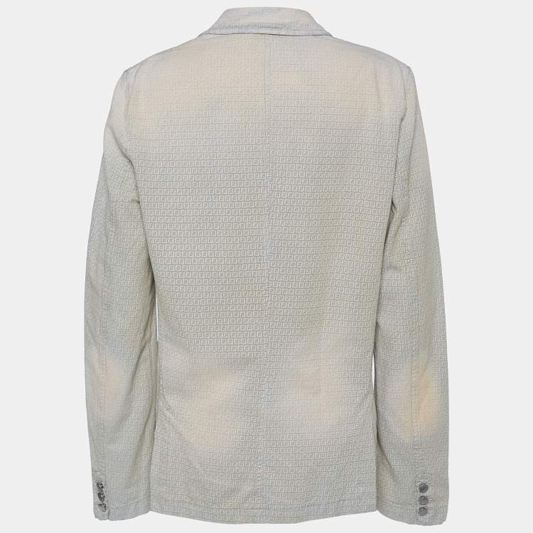 Pre Owned Fendi Beige Distressed Logo Monogram Denim Jacket L