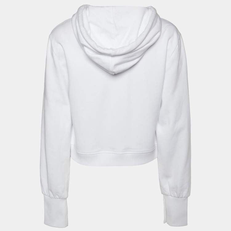 Pre Owned Fendi White Logo Embroidered Cotton Knit Cropped Hoodie L