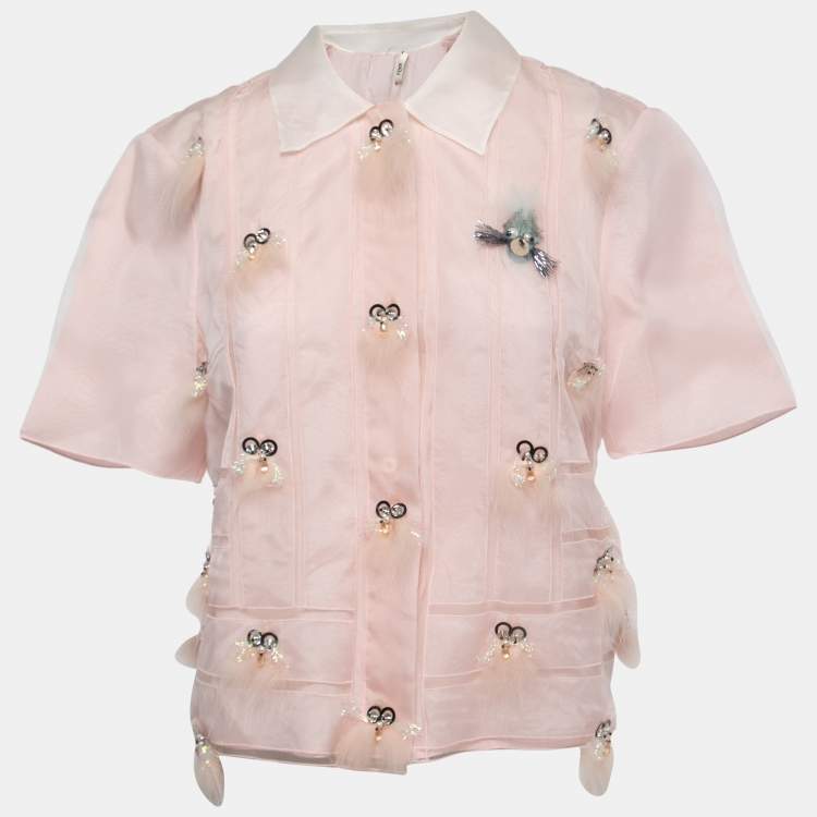 Pre Owned Fendi Pink Embellished Silk Contrast Collar Shirt M