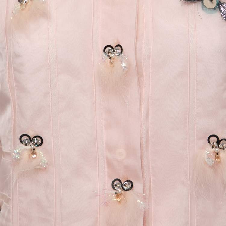 Pre Owned Fendi Pink Embellished Silk Contrast Collar Shirt M