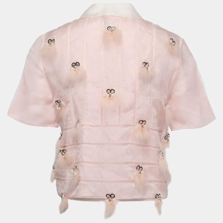 Pre Owned Fendi Pink Embellished Silk Contrast Collar Shirt M