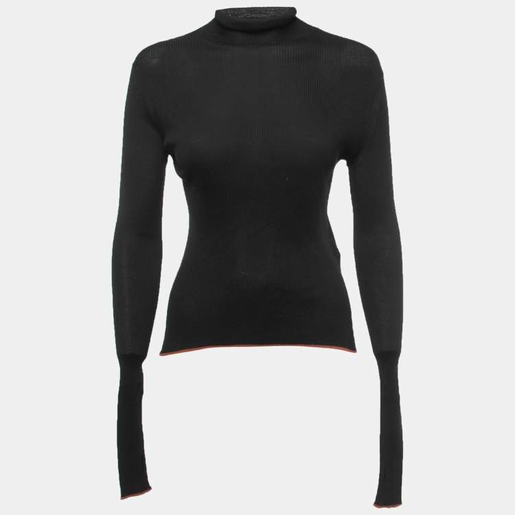 Pre Owned Fendi Black Silk Knit Contrast Hem Detail Turtleneck Pullover M