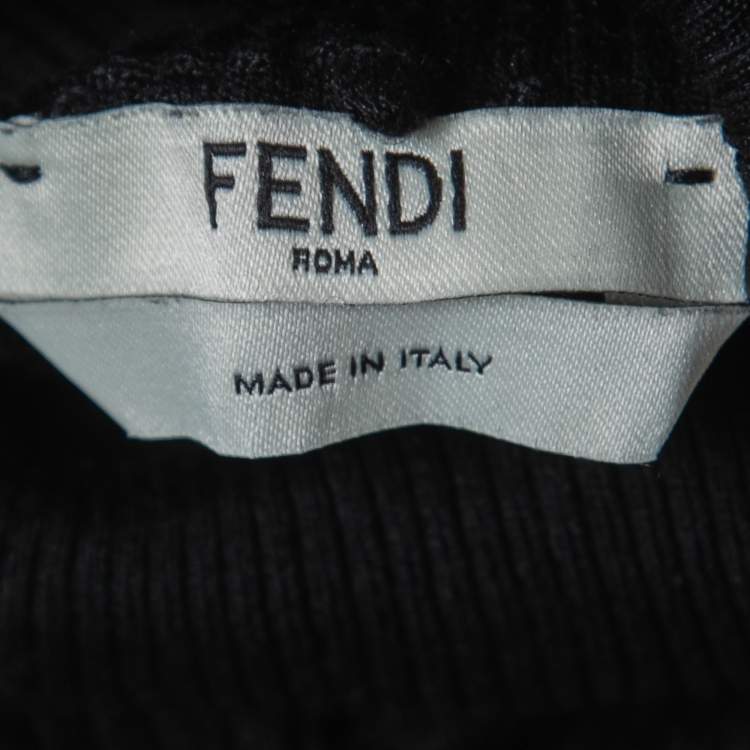 Pre Owned Fendi Black Silk Knit Contrast Hem Detail Turtleneck Pullover M