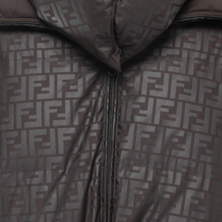 Pre Owned Fendi Brown FF Monogram Synthetic Reversible Hooded Down Jacket S