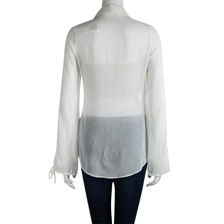 Pre Owned Fendi White Cotton Long Sleeve Tie Detail Sheer Blouse M