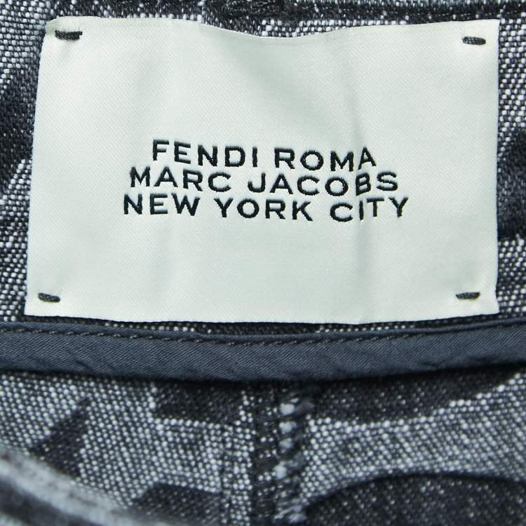 Pre Owned Fendi Grey Logo Embossed Denim High Waist Wide Leg Jeans XS Waist 26"