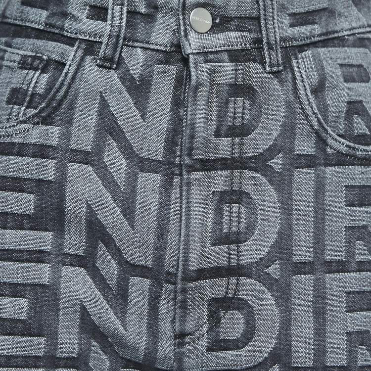 Pre Owned Fendi Grey Logo Embossed Denim High Waist Wide Leg Jeans XS Waist 26"