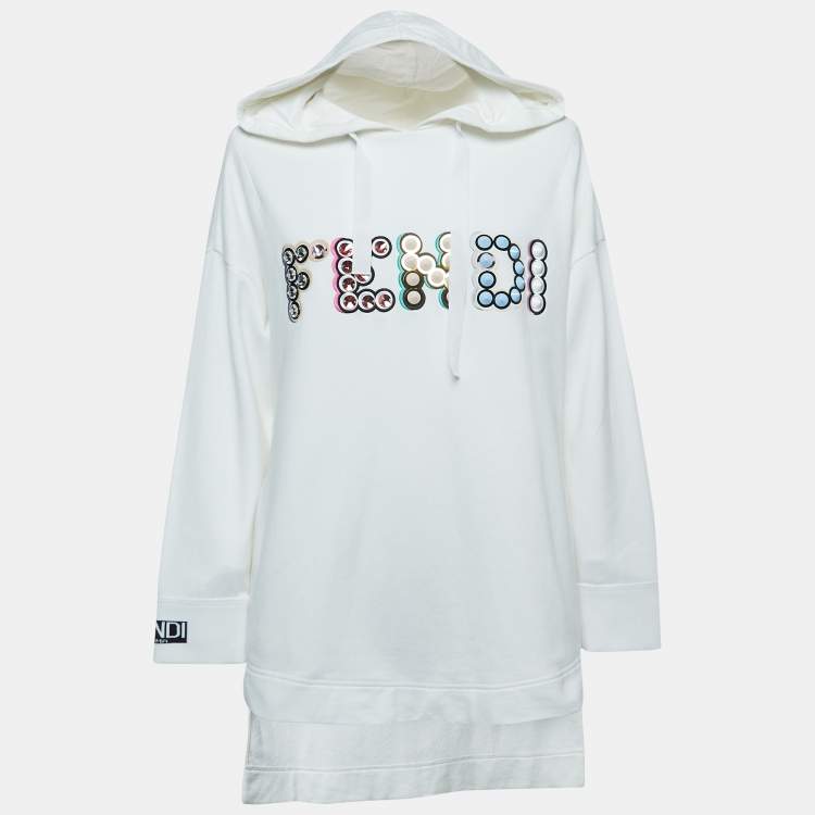 Pre Owned Fendi White Logo Embellished Cotton Hooded Sweatshirt M