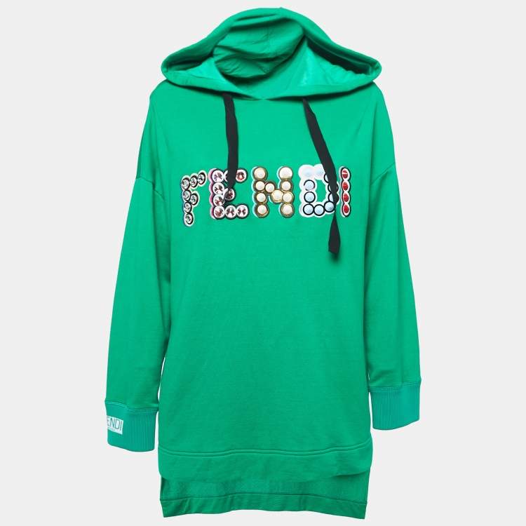 Pre Owned Fendi Green Logo Embellished Cotton Hooded Sweatshirt M
