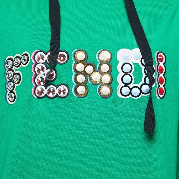 Pre Owned Fendi Green Logo Embellished Cotton Hooded Sweatshirt M