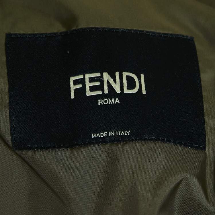 Pre Owned Fendi Military Green Synthetic Logo Patch Detailed Zip Front Jacket L