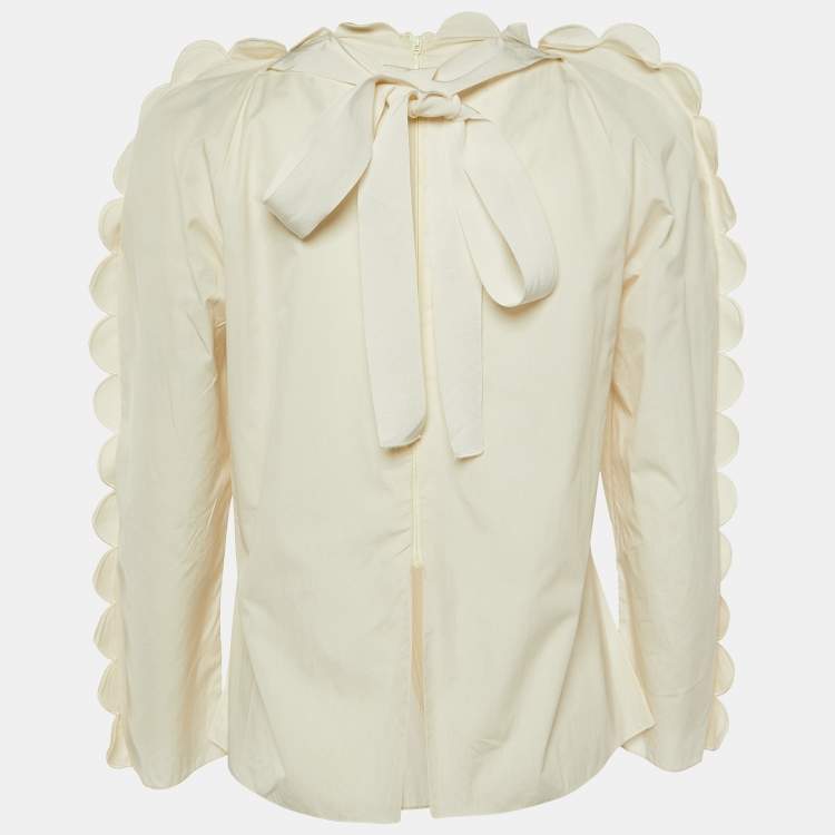 Pre Owned Fendi Off White Cotton Zip Front Neck Tie Blouse S