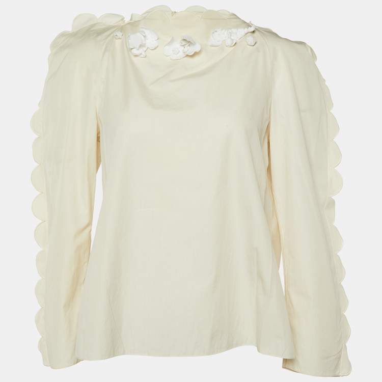 Pre Owned Fendi Off White Cotton Zip Front Neck Tie Blouse S