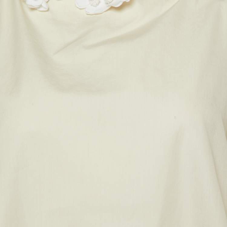 Pre Owned Fendi Off White Cotton Zip Front Neck Tie Blouse S
