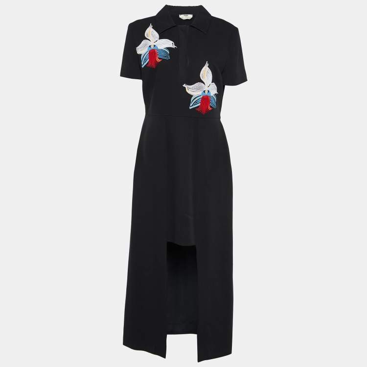 Pre Owned Fendi Black Floral Embroidered Crepe Cutout Detail Dress M