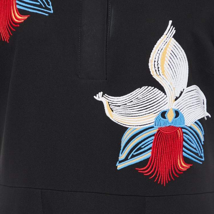 Pre Owned Fendi Black Floral Embroidered Crepe Cutout Detail Dress M