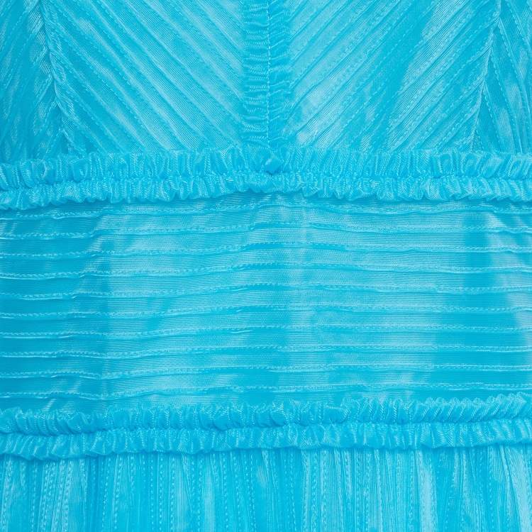 Pre Owned Fendi Blue Tulle Ruffle Trimmed Sleeveless Midi Dress S