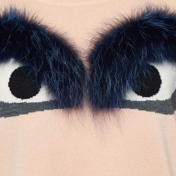 Pre Owned Fendi Light Orange Wool Fox Fur Bug Eye Sweater L