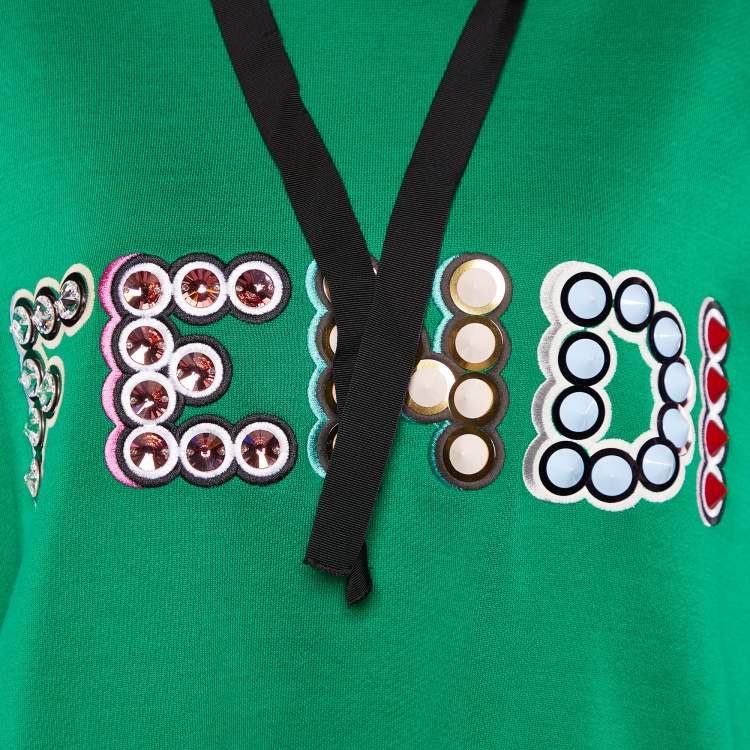 Pre Owned Fendi Green Cotton Jersey Studded Logo Hoodie L