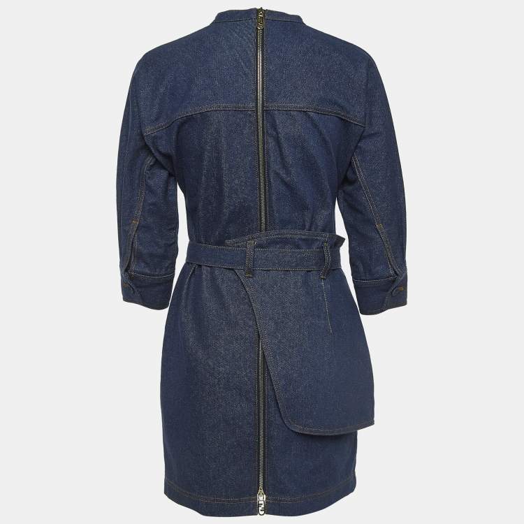 Pre Owned Fendi Blue Denim Crew Neck Belted Mini Dress S