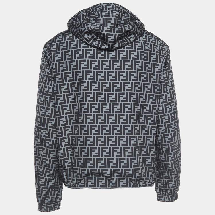 Pre Owned Fendi Black/Blue Print Synthetic Reversible Windbreaker Jacket L