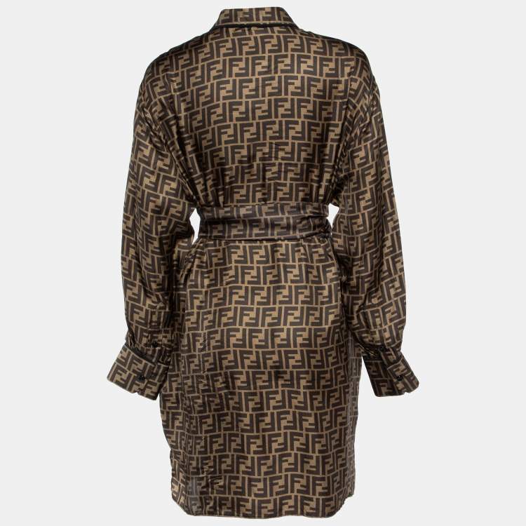 Pre Owned Fendi Brown FF Print Silk Belted Button Front Shirt Dress M