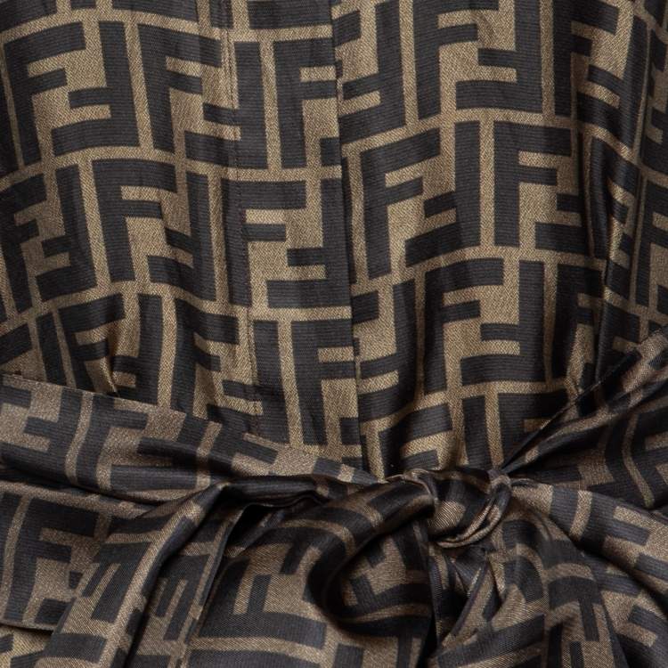 Pre Owned Fendi Brown FF Print Silk Belted Button Front Shirt Dress M