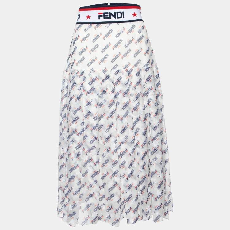 Pre Owned Fendi X Fila White Fendimania Print Silk Pleated Midi Skirt M