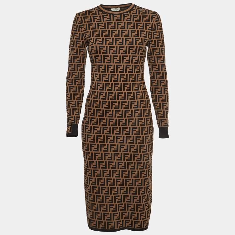 Pre Owned Fendi Brown Logo Intarsia Knit Midi Dress S
