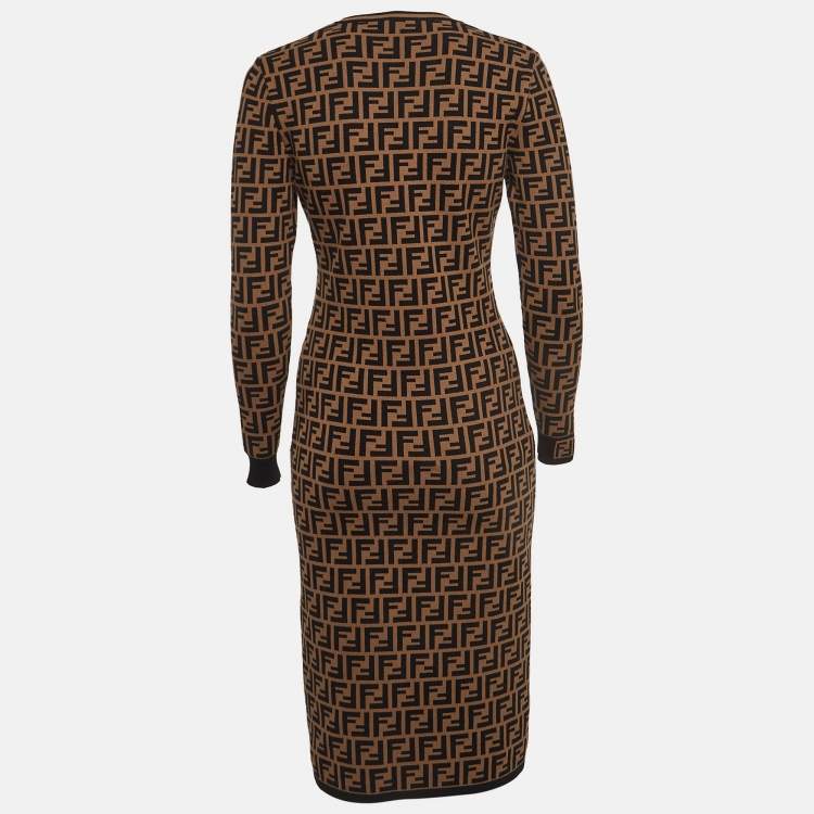 Pre Owned Fendi Brown Logo Intarsia Knit Midi Dress S