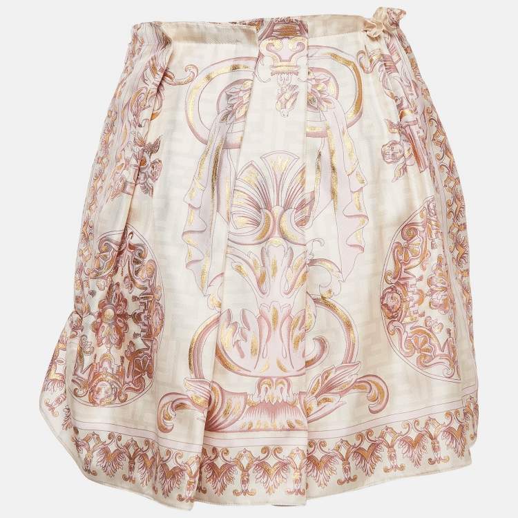 Pre Owned Fendi X Versace Pink Printed Silk Pleated Fendace Mini Skirt XS