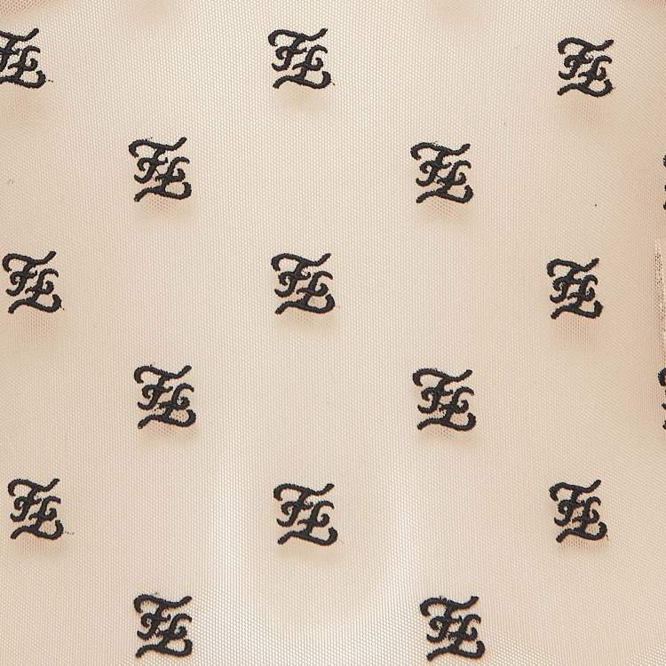 Pre Owned Fendi Beige FF Embroidered Stretch Tulle Turtle Neck Bodysuit L