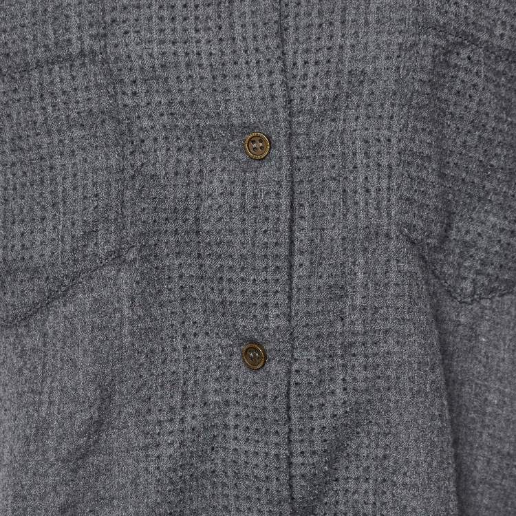 Pre Owned Fendi Grey Perforated Wool Short Sleeve Shirt M