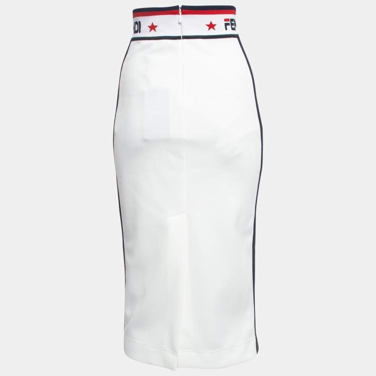 Pre Owned Fendi White Jersey Knit Zucca Stripe Detail Pencil Skirt S