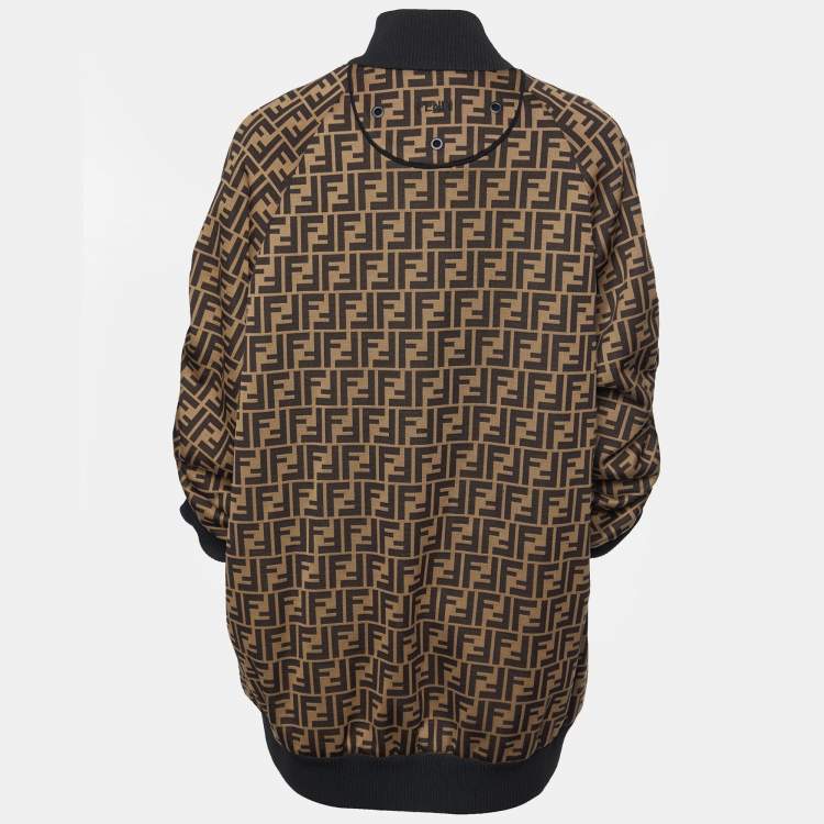 Pre Owned Fendi Brown FF Logo Pattern Jersey Oversized Zip Up Jacket M