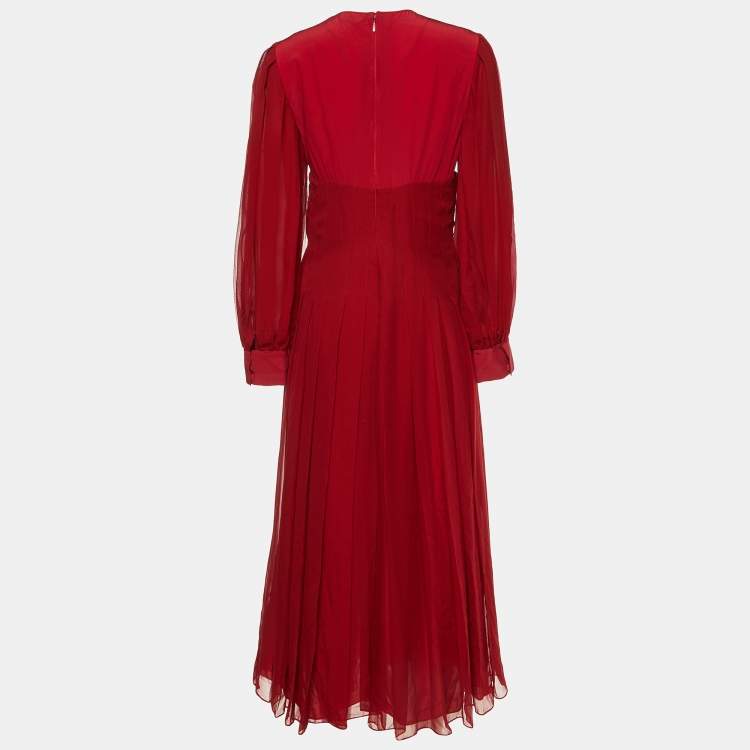 Pre Owned Fendi Red Silk Pleated Midi Dress M