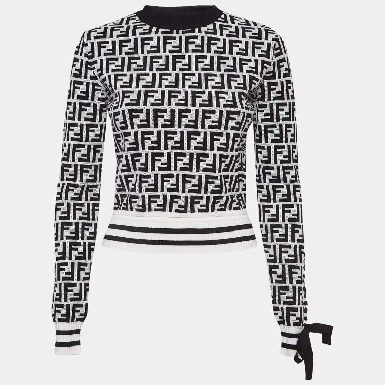 Pre Owned Fendi Monochrome Zucca Jacquard Knit Cut-Out Sweatshirt S