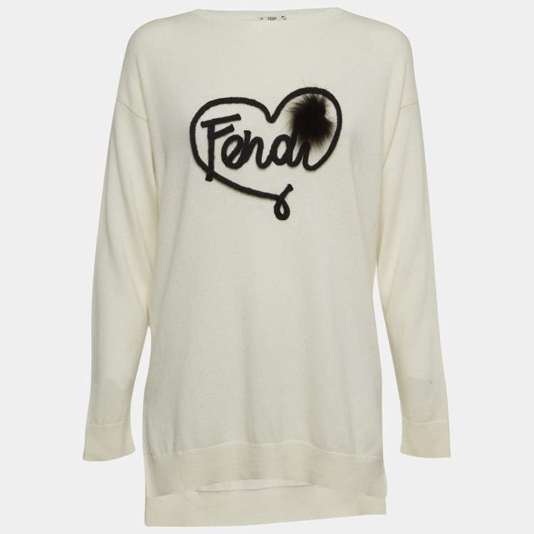 Pre Owned Fendi Off White Embroidered Knit Cashmere Sweater M